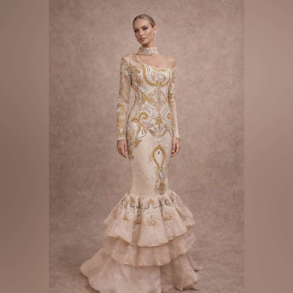 Elegant Gold and White Embellished Gown